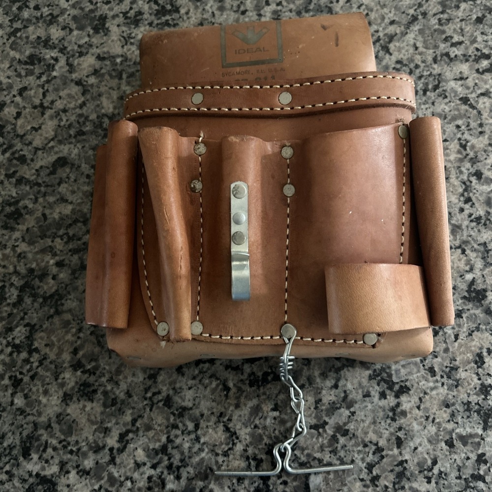 Vtg Ideal  Tools  Leather 10 Pocket Electrician Tool Pouch No Belt Tan USA